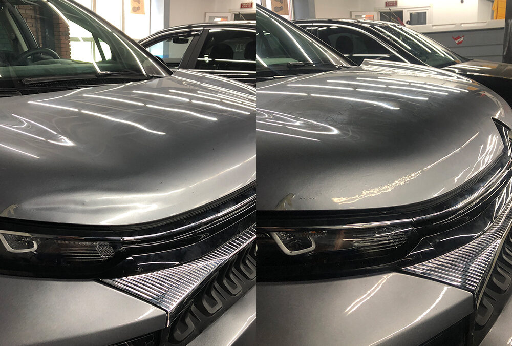 Citroen C3 kaputundaki göçüğün boyasız düzeltme ve rötuş boyası ile onarımı (Öncesi-Sonrası)