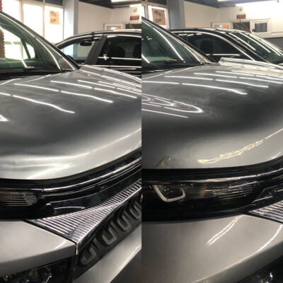 Citroen C3 kaputundaki göçüğün boyasız düzeltme ve rötuş boyası ile onarımı (Öncesi-Sonrası)