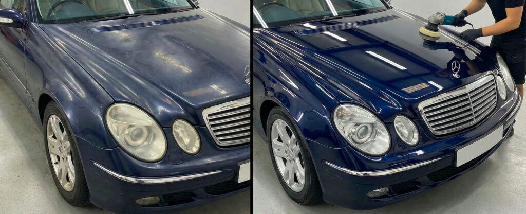 Uzun süreli kullanıma bağlı matlaşmış kaportanın boya parlatma ile yenilenmiş hali (öncesi-sonrası)