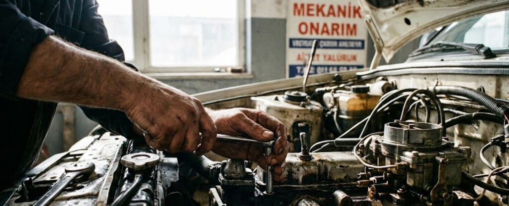 Serviste lifte kaldırılmış aracın motor arızasını gideren mekanik onarım ustası veya Oto mekanik bakım ve yedek parça değişim işlemi