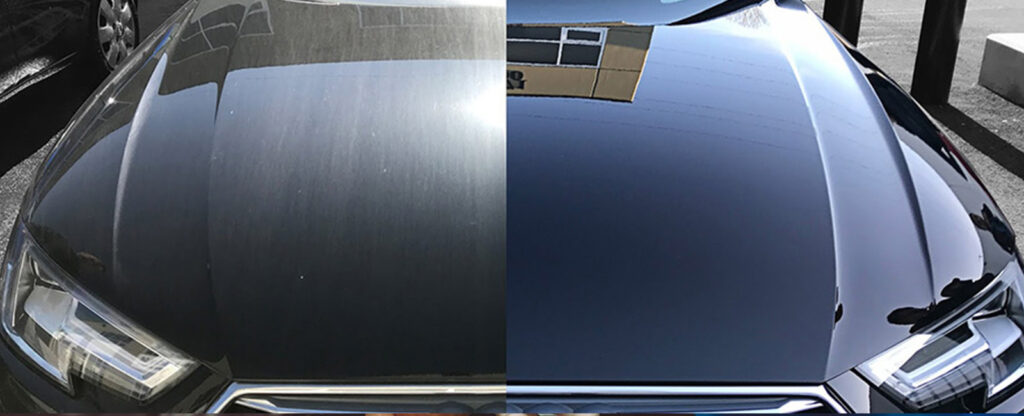 Seramik kaplama öncesi mat ve sonrası ayna gibi parlak araç yüzeyi (öncesi-sonrası)