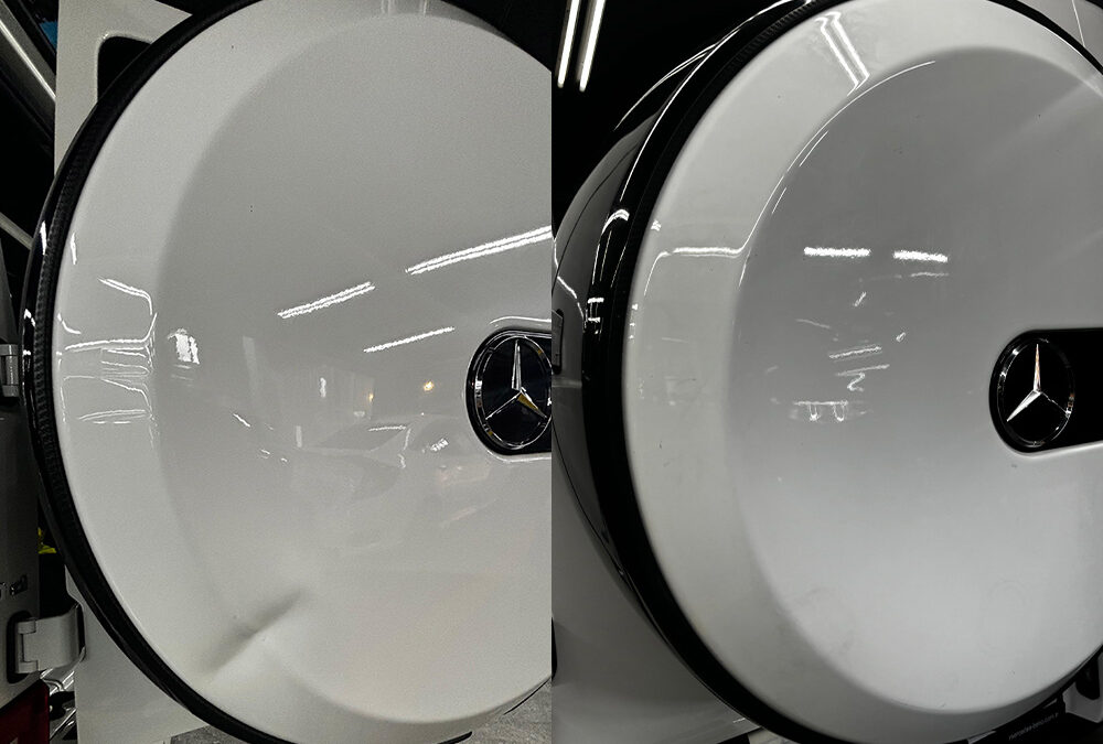 Mercedes G-Kasa stepne kapağındaki göçüğün boyasız göçük düzeltme (PDR) ile onarılması (Öncesi-Sonrası)