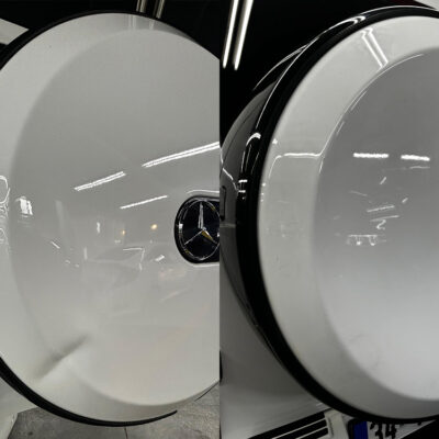 Mercedes G-Kasa stepne kapağındaki göçüğün boyasız göçük düzeltme (PDR) ile onarılması (Öncesi-Sonrası)